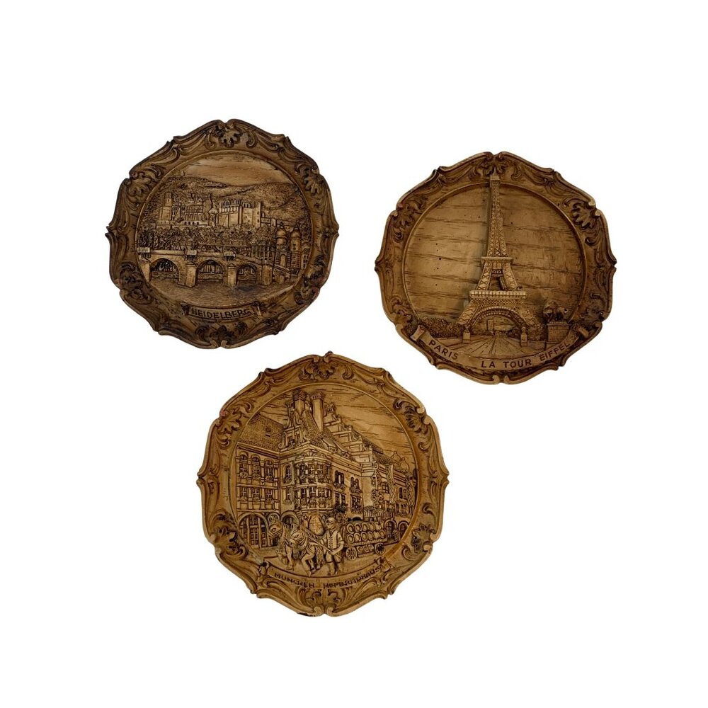 3 VTG Europe Wall Plaques Souvenir Eiffel Tower Hofbräuhaus Heidelberg B9049
